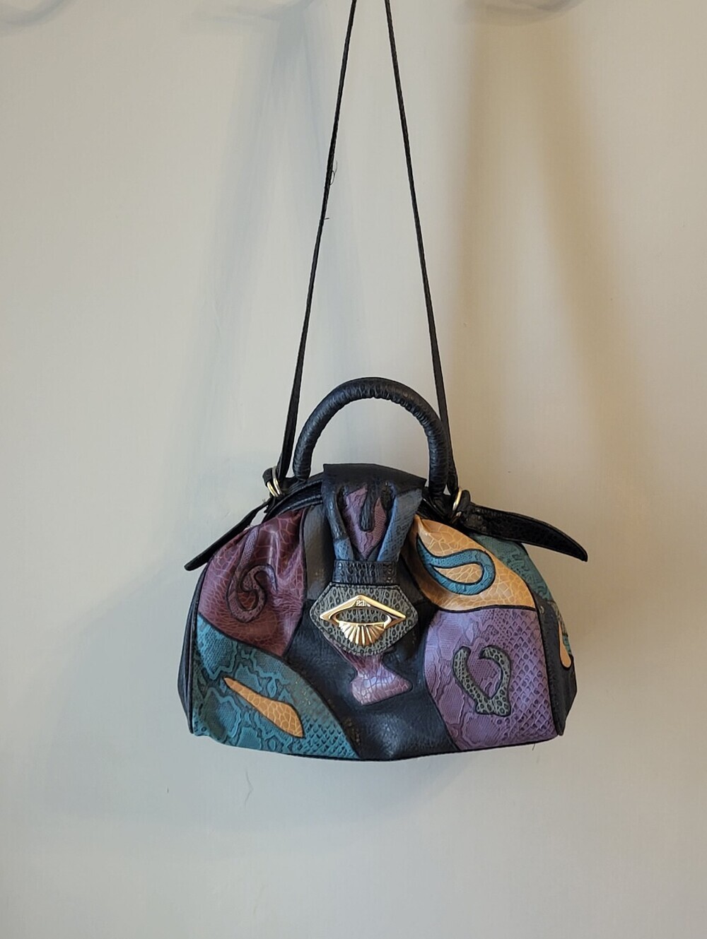 NAS Bag Faux Lizard Patchwork Vtg 80s Made In Korea Top Handle/Shoulder Strap - Picture 6 of 14